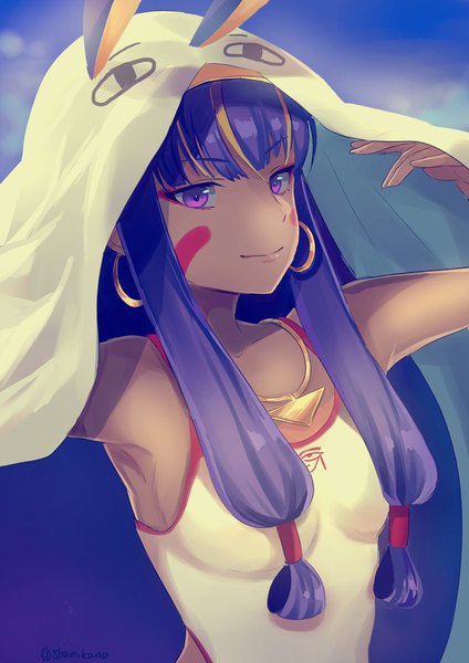 Anime picture 2728x3859 with fate (series) fate/grand order nitocris (fate) nitocris (swimsuit assassin) (fate) natsu (shamikana) single long hair tall image looking at viewer fringe highres purple eyes signed purple hair upper body blunt bangs twitter username dark skin face paint girl