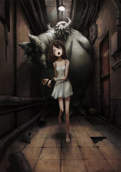 Anime picture 1414x2000 with original toi (number8) tall image open mouth blue eyes brown hair bare shoulders barefoot girl dress white dress short dress bandage (bandages) child (children) monster tiles handcuffs hallway