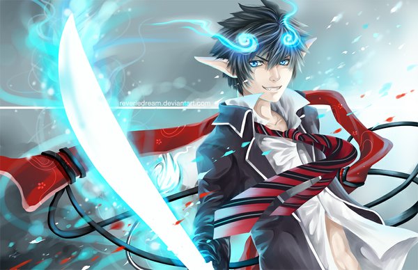 Anime picture 1000x647 with ao no exorcist a-1 pictures okumura rin cindiq single short hair blue eyes black hair smile signed pointy ears glowing boy weapon sword necktie katana