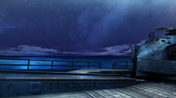 Anime picture 1280x720 with grisaia no kajitsu wide image game cg cloud (clouds) night horizon star (stars) watercraft ship