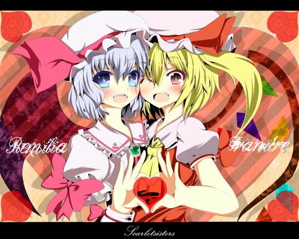 Anime picture 1280x1022 with touhou flandre scarlet remilia scarlet sukage blush short hair open mouth blue eyes blonde hair red eyes multiple girls silver hair teeth fang (fangs) one side up letterboxed heart hands cheek-to-cheek girl 2 girls