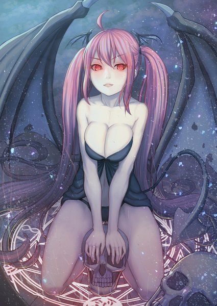 Anime picture 869x1228 with original usanekorin (0bakasan) single tall image looking at viewer breasts light erotic red eyes large breasts sitting twintails bare shoulders cleavage ahoge red hair tail very long hair kneeling magic demon girl