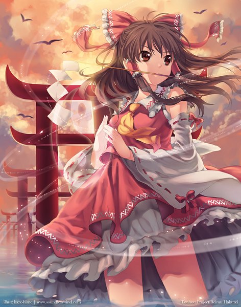 Anime picture 750x953 with touhou hakurei reimu kaze-hime single long hair tall image red eyes brown hair holding signed looking away sky cloud (clouds) traditional clothes japanese clothes mouth hold miko yin yang girl bow