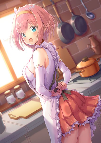 Anime picture 827x1169 with princess connect! re:dive princess connect! yui (princess connect!) hirokazu (analysis-depth) single tall image looking at viewer blush fringe short hair breasts open mouth blue eyes smile large breasts standing bare shoulders payot pink hair indoors