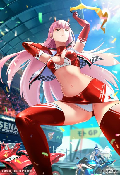 Anime picture 650x950 with darling in the franxx studio trigger zero two (darling in the franxx) 001 (darling in the franxx) koshio long hair tall image looking at viewer fringe breasts blue eyes light erotic large breasts sitting multiple girls green eyes signed pink hair bent knee (knees) white hair