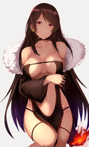 Anime picture 800x1322 with fate (series) fate/grand order yu mei-ren (fate) kameponde single long hair tall image looking at viewer blush fringe breasts light erotic simple background red eyes brown hair large breasts standing bare shoulders parted lips off shoulder