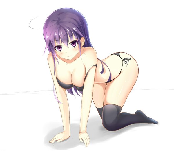 Anime picture 900x784 with original kagami (galgamesion) single long hair looking at viewer blush fringe breasts light erotic simple background large breasts white background purple eyes purple hair ahoge shadow on all fours arched back girl thighhighs