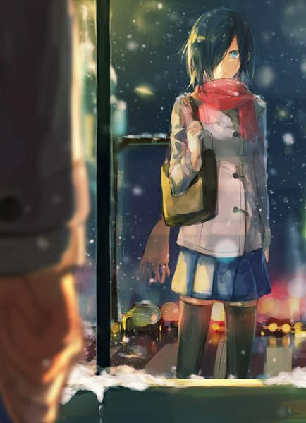 Anime picture 600x829 with tokyo ghoul studio pierrot kirishima touka fuurin single tall image fringe short hair blue eyes black hair standing holding looking away parted lips hair over one eye zettai ryouiki city snowing reflection winter