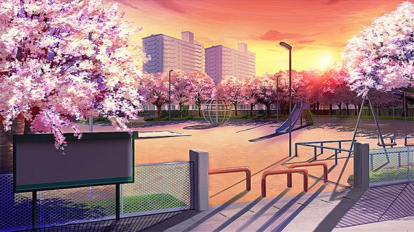 Anime picture 1024x576 with original gachagacha pon wide image sky cloud (clouds) shadow cherry blossoms evening sunset no people plant (plants) tree (trees) building (buildings) grass sun railing swing playground