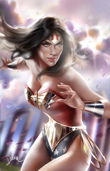 Anime picture 1100x1700 with dc comics wonder woman cris delara single long hair tall image breasts light erotic black hair bare shoulders signed lips realistic silver eyes superhero girl suit