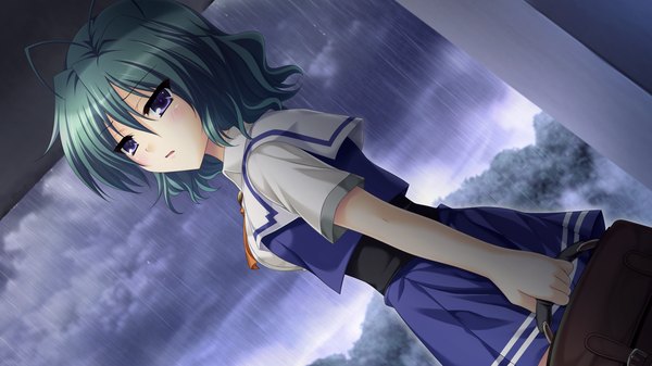 Anime picture 1280x720 with mashiro summer misaki mio ikura nagisa short hair wide image purple eyes game cg looking back green hair rain girl uniform school uniform