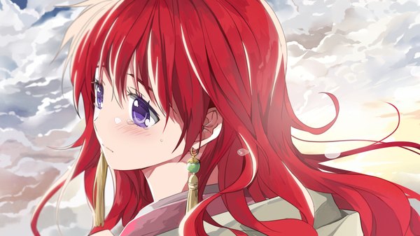 Anime picture 2000x1126 with akatsuki no yona studio pierrot yona (akatsuki no yona) eunram single long hair blush fringe highres wide image purple eyes looking away cloud (clouds) red hair tears close-up crying girl earrings teardrop