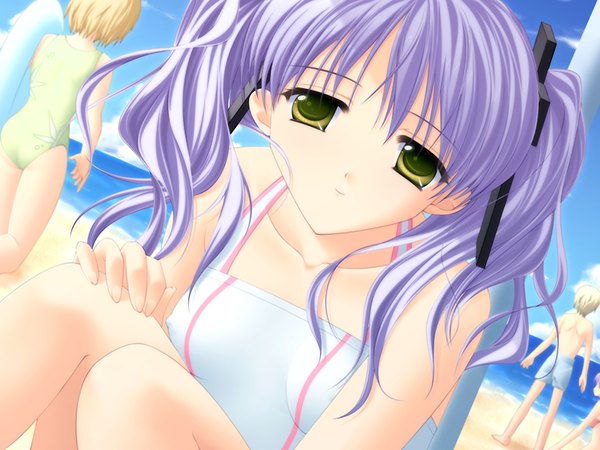 Anime picture 1200x900 with underbar summer amano chiwa twintails green eyes game cg purple hair girl cross white swimsuit