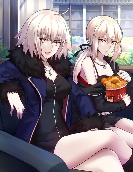 Anime picture 1019x1321 with fate (series) fate/grand order artoria pendragon (all) jeanne d'arc (fate) (all) jeanne d'arc alter (fate) saber alter fujimaru ritsuka (female) shiguru long hair tall image looking at viewer fringe short hair breasts open mouth hair between eyes sitting bare shoulders multiple girls holding