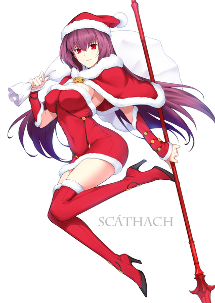 Anime picture 906x1280 with fate (series) fate/grand order scathach (fate) (all) scathach (fate) halcon single long hair tall image looking at viewer fringe breasts light erotic simple background hair between eyes red eyes white background purple hair full body zettai ryouiki fur trim