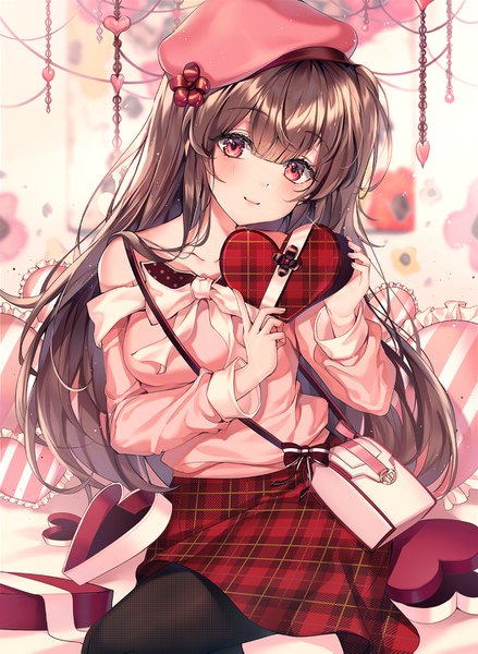 Anime picture 1050x1435 with original ttosom single long hair tall image looking at viewer blush fringe smile hair between eyes red eyes brown hair sitting bare shoulders holding long sleeves head tilt off shoulder sparkle plaid skirt