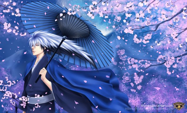 Anime picture 1200x728 with nurarihyon no mago nura rikuo myme1 single long hair black hair red eyes wide image silver hair white hair traditional clothes japanese clothes multicolored hair realistic inscription two-tone hair cherry blossoms boy umbrella branch