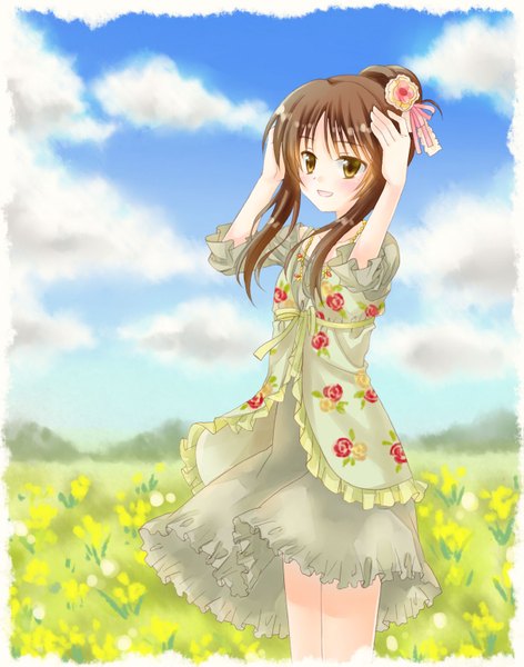 Anime picture 1215x1544 with idolmaster idolmaster cinderella girls takamori aiko mon (artist) single long hair tall image looking at viewer blush open mouth smile brown hair sky cloud (clouds) ponytail girl dress flower (flowers) pendant