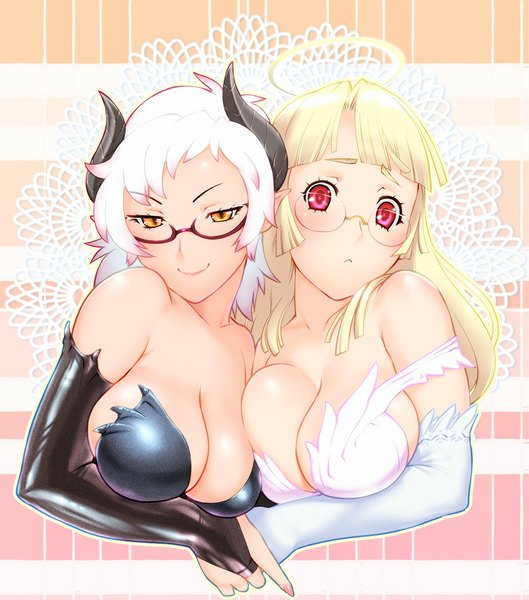 Anime picture 882x1000 with original ueyama michirou long hair tall image looking at viewer breasts light erotic blonde hair smile red eyes large breasts multiple girls yellow eyes white hair horn (horns) pointy ears demon girl angel :< angel and devil
