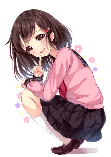 Anime picture 663x938 with original sakura hiyori single long hair tall image looking at viewer blush fringe open mouth simple background smile brown hair white background brown eyes full body bent knee (knees) head tilt pleated skirt sparkle finger to mouth