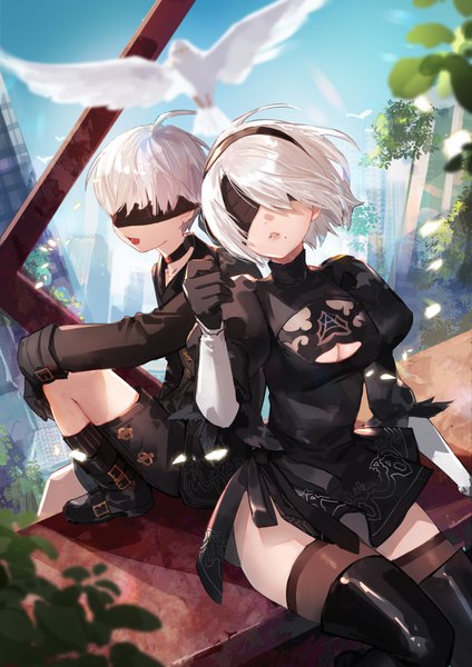 Anime picture 1191x1684 with nier nier:automata yorha no. 2 type b yorha no. 9 type s nima (niru54) tall image short hair sitting cleavage ahoge white hair mole puffy sleeves mole under mouth blindfold girl thighhighs dress boy gloves