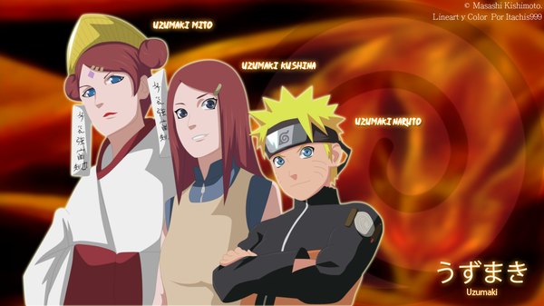 Anime picture 1636x920 with naruto studio pierrot naruto (series) uzumaki naruto uzumaki kushina uzumaki mito itachis999 long hair short hair blue eyes blonde hair smile wide image red hair japanese clothes lips inscription grey eyes coloring facial mark