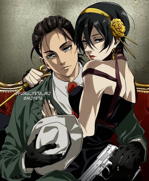 Anime picture 1400x1700 with shingeki no kyojin spy x family production i.g mikasa ackerman yor briar eren yaeger twilight (spy x family) furu yeta mj tall image looking at viewer fringe short hair breasts black hair hair between eyes sitting twintails bare shoulders holding signed