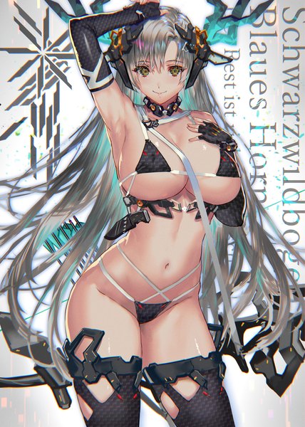 Anime picture 1141x1600 with original ranou single long hair tall image looking at viewer fringe breasts light erotic smile hair between eyes large breasts standing green eyes arm up grey hair armpit (armpits) text underboob groin