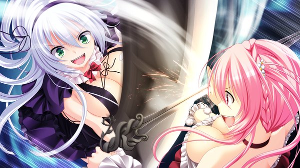 Anime picture 2560x1440 with gensou no idea nanami naru kenzaki noel makita maki long hair highres breasts open mouth light erotic smile wide image bare shoulders multiple girls green eyes pink hair game cg cleavage white hair pink eyes eye contact