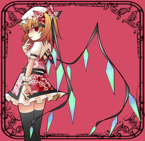 Anime picture 2467x2412 with touhou flandre scarlet houjicha single looking at viewer fringe highres short hair blonde hair hair between eyes red eyes zettai ryouiki one side up pink background framed girl thighhighs skirt bow black thighhighs