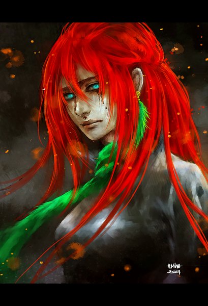 Anime picture 750x1100 with tagme (character) nanfe single long hair tall image looking at viewer blush signed red hair aqua eyes lips turning head portrait dark background letterboxed smoke pale skin 2014 bloody tears girl
