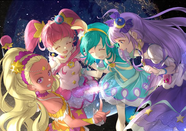 Anime picture 1299x919 with precure star twinkle precure toei animation hagoromo lala cure milky cure star amamiya elena kaguya madoka cure selene cure soleil hoshi (xingspresent) long hair open mouth blonde hair twintails purple eyes multiple girls pink hair purple hair eyes closed