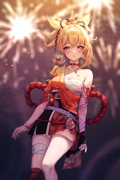 Anime picture 1280x1920 with genshin impact yoimiya (genshin impact) atychi single tall image looking at viewer fringe short hair light erotic blonde hair hair between eyes standing yellow eyes outdoors ponytail traditional clothes japanese clothes tattoo fireworks girl