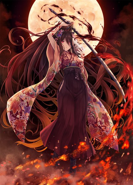 Anime picture 1100x1527 with original akashio (loli ace) single tall image looking at viewer fringe open mouth hair between eyes red eyes brown hair holding payot full body ponytail very long hair traditional clothes japanese clothes arm up horn (horns) wide sleeves