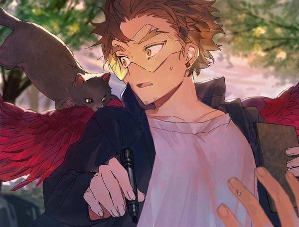 Anime picture 827x628 with boku no hero academia studio bones hawks (boku no hero academia) mm39572 single short hair open mouth brown hair yellow eyes looking away upper body outdoors looking back sweatdrop boy animal wings cat goggles