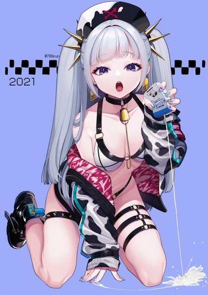 Anime picture 1062x1505 with original 786(nayam) single long hair tall image looking at viewer breasts open mouth light erotic simple background purple eyes twintails signed silver hair full body nail polish fingernails off shoulder open jacket twitter username