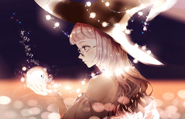 Anime picture 1039x670 with original say hana long hair blush brown eyes looking away silver hair parted lips profile lips blurry sparkle text magic english outstretched hand glow girl hat detached sleeves