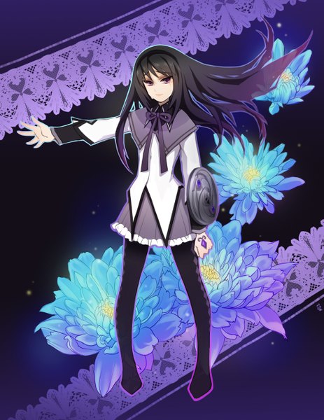 Anime picture 1000x1294 with mahou shoujo madoka magica shaft (studio) akemi homura huazha01 single long hair tall image looking at viewer black hair purple eyes wind tears girl flower (flowers) pantyhose hairband shield