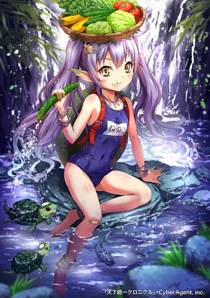 Anime picture 800x1131 with tenkuu no crystalia sakiyamama single long hair tall image looking at viewer blush fringe light erotic hair between eyes sitting twintails bare shoulders holding yellow eyes payot purple hair full body outdoors multicolored hair