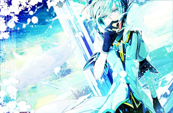 Anime picture 1500x983 with tales of (series) tales of the abyss sync asrhion single looking at viewer short hair standing holding sky cloud (clouds) aqua eyes aqua hair blue background boy gloves animal sea bird (birds) cape