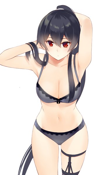 Anime picture 525x850 with kantai collection yahagi light cruiser ichinomiya (blantte) single long hair tall image blush fringe breasts light erotic black hair simple background hair between eyes red eyes large breasts white background bare shoulders payot cleavage ponytail