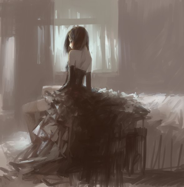Anime picture 879x894 with original tsubu mikan single long hair tall image fringe black hair sitting bare shoulders bent knee (knees) indoors from behind monochrome bare back girl thighhighs dress gloves black gloves elbow gloves