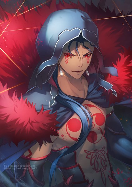 Anime picture 705x1000 with fate (series) fate/grand order cu chulainn (fate) cu chulainn alter (fate/grand order) darkavey single long hair tall image red eyes signed blue hair upper body tattoo fur trim character names dark skin 2017 boy earrings fur
