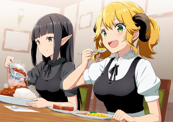 Anime picture 1351x955 with isekai shokudou silver link kuro (isekai shokudou) aletta gochou (kedama) long hair blush fringe short hair breasts open mouth black hair blonde hair smile hair between eyes large breasts sitting twintails multiple girls holding