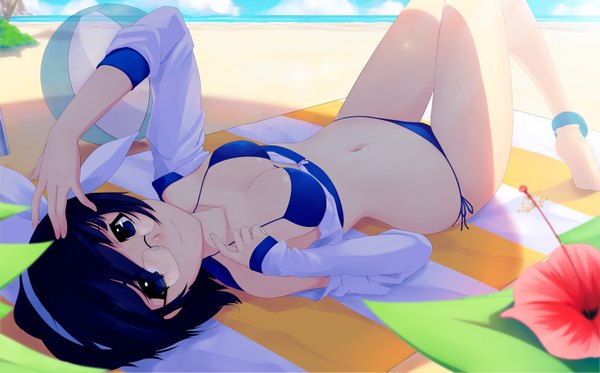 Anime picture 1650x1026 with original hell machina (1009056) single looking at viewer short hair breasts blue eyes light erotic wide image blue hair bent knee (knees) lying light smile beach thigh gap knees together feet apart girl navel swimsuit bikini