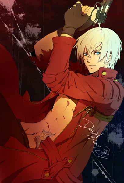 Anime picture 1153x1700 with devil may cry dante (devil may cry) senano-yu single tall image short hair blue eyes smile white hair aqua eyes torn clothes boy gloves fingerless gloves gun cloak coat pistol trunk