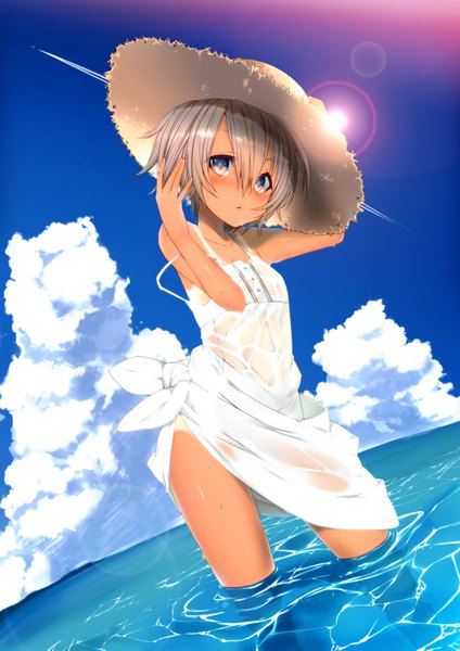 Anime picture 2480x3507 with original skull.03 tall image blush highres short hair blue eyes brown hair cloud (clouds) girl hat sea sundress sun