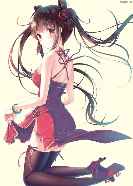 Anime picture 800x1113 with original sousouman single tall image blush light erotic black hair red eyes white background twintails very long hair looking back girl thighhighs dress hair ornament black thighhighs