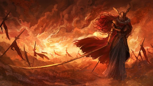 Anime-Bild 3000x1688 mit elden ring malenia blade of miquella caio santos single long hair highres red eyes wide image holding full body red hair floating hair smoke holding arm girl weapon cape fire helmet blade