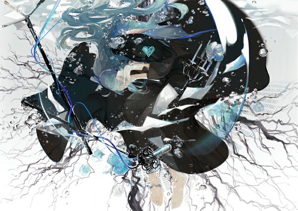 Anime picture 800x566 with vocaloid vocaloid china hatsune miku nineo single fringe eyes closed very long hair nail polish barefoot aqua hair no shoes underwater covering covering face girl dress water heart hairband